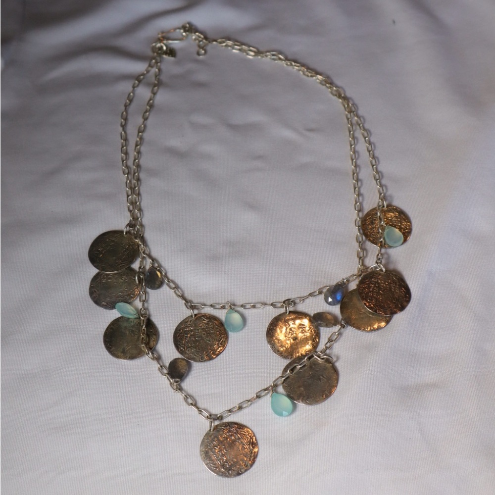 Stacked Silver coin design blue crystal charm necklace